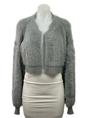 FRNCH Women's Gray Faux Fur Fuzzy Long Sleeve Cropped Open Cardigan Sweater OS